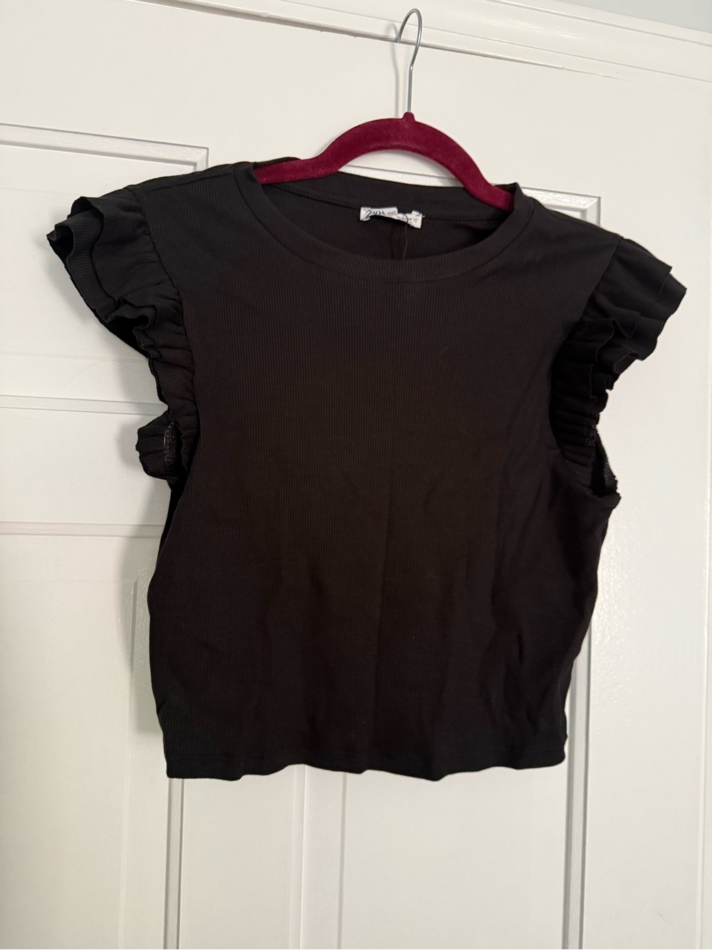 Zara Black Ruffle Sleeve Short Sleeve Top